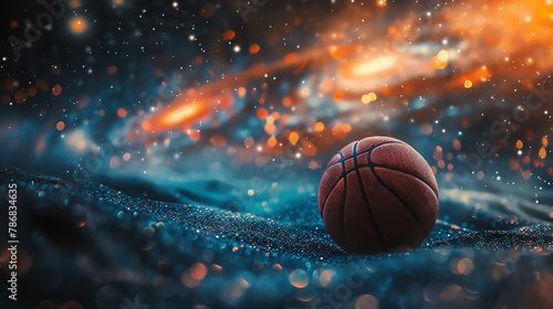 Isolated basketball against a starry universe backdrop,