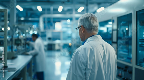 A senior quality control inspector in a lab coat, conducting product inspections and quality checks in a manufacturing facility