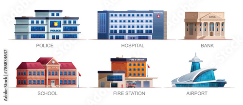 Set of city buildings. Police station, hospital, bank, school, fire station and airport. Vector illustration
