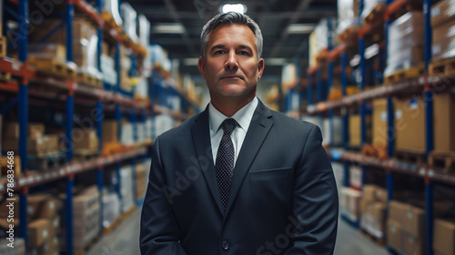 A senior logistics manager in a suit and tie, overseeing inventory management and supply chain operations in a distribution center