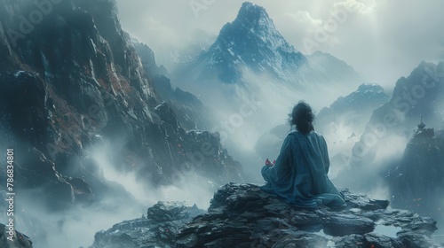Imagine atop a serene mountaintop, a solitary figure meditates, seeking spiritual enlightenment amidst the tranquil embrace of nature majesty. photo