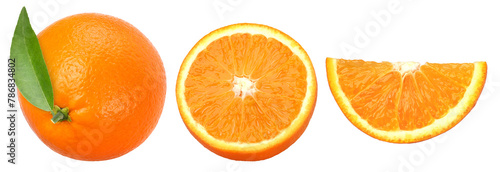 Orange fruit with leaves, half and slices isolated, transparent PNG, collection, PNG format