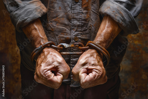 Man with handcuffed wrists, clear and uncluttered backdrop,