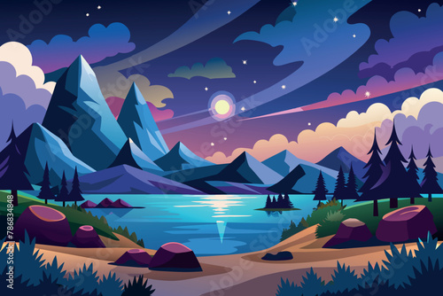 Nature Landscape with Milky Way cartoon vector Illustration flat style artwork concept