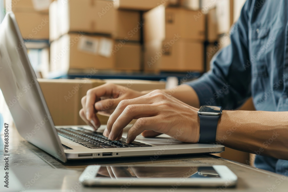 A man is typing on a laptop in a warehouse A man is typing on a laptop in a warehouse