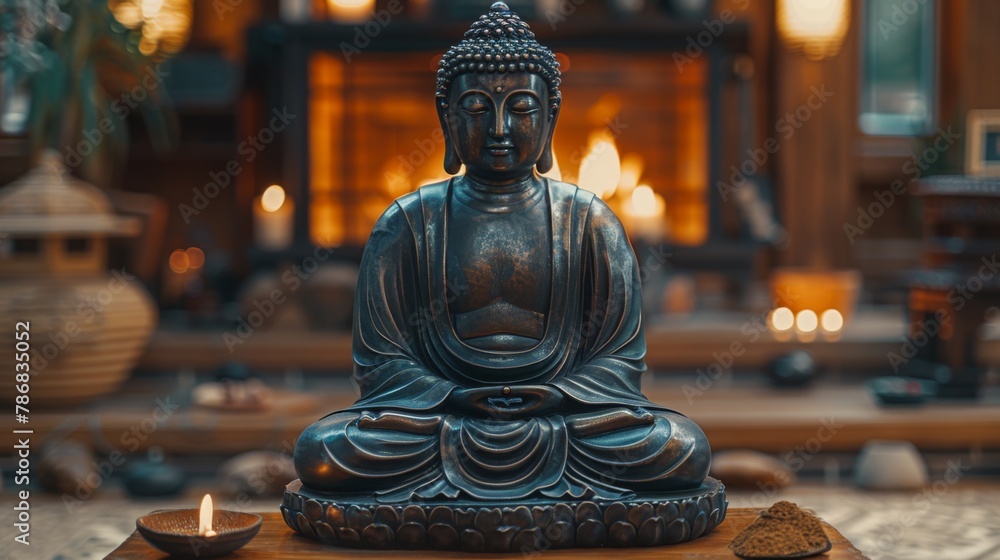 Bronze Buddha on a table in a room under the warm glow of a fireplace. Spiritual tranquility in a cozy environment. Bronze Buddha on a table in a room under the warm glow of a fireplace. Spiritual tranquility in a cozy environment.