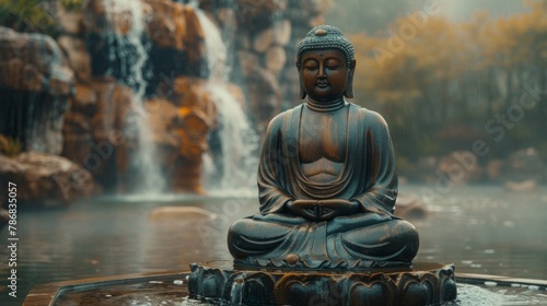Bronze Buddha on a table in a misty environment  illuminated by faint gray light. Meditation and serenity. 