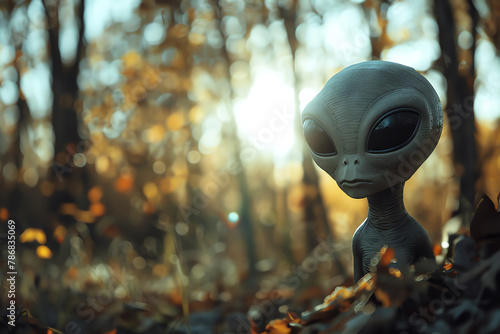 Mysterious alien in a shadowy forest, clear backdrop, photo