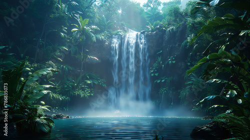 Night waterfall in a deep tropical jungle, vibrant and clear background,
