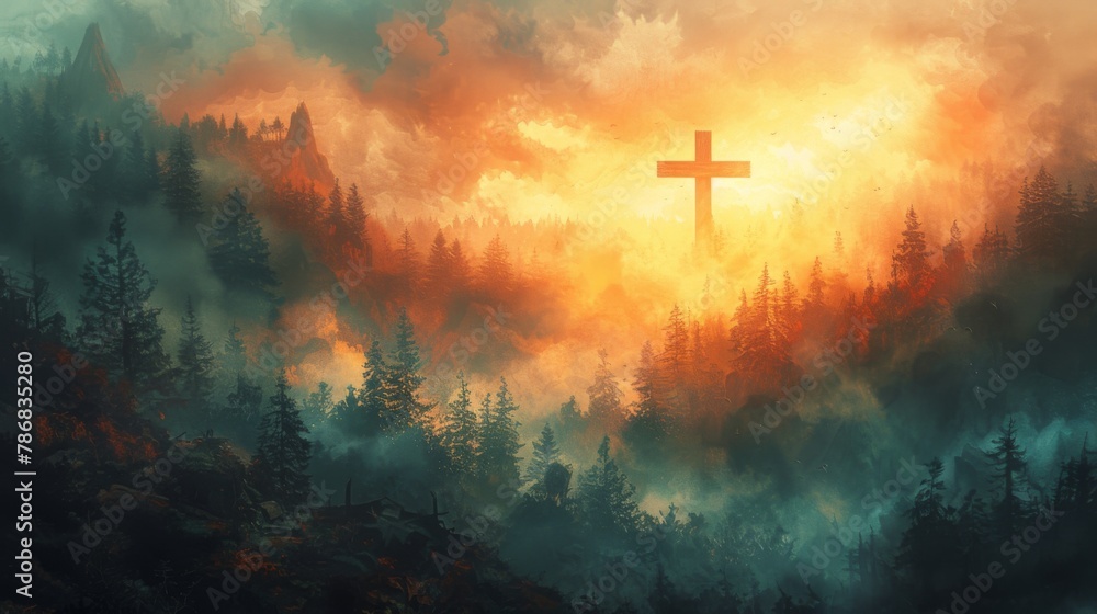Obraz premium Christian cross depicted in a vibrant watercolor painting, placed against the backdrop of a majestic forest bathed in golden sunlight. Copyspace background for conveying Christian symbolism.