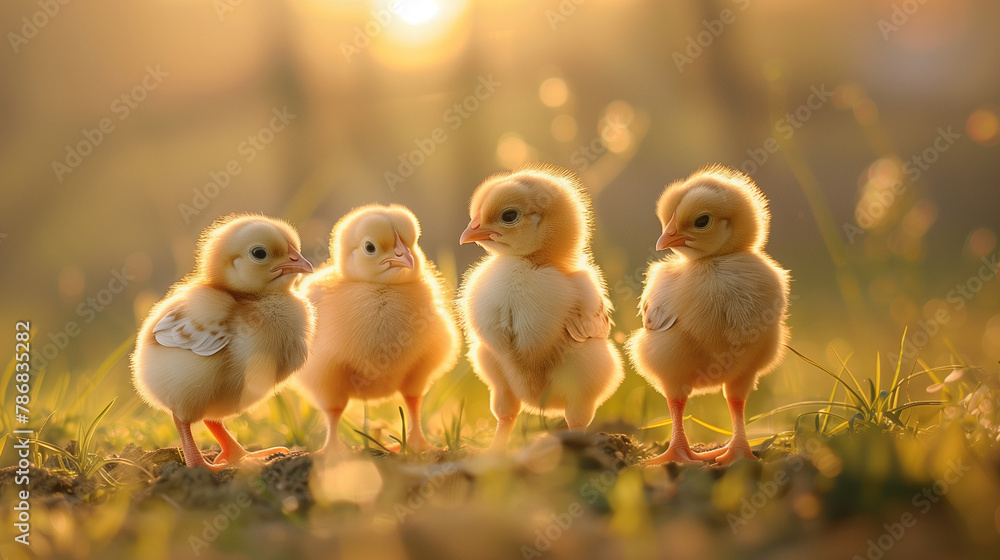 Four cute yellow chicks standing in a line in the grass