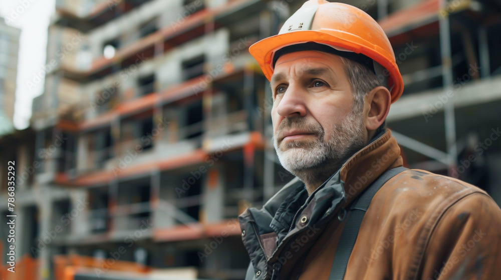 A middle-aged construction foreman in a hard hat, supervising construction activities and coordinating work crews at a building site A middle-aged construction foreman in a hard hat, supervising construction activities and coordinating work crews at a building site