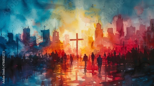 Christian cross depicted in a vibrant watercolor painting, placed against the backdrop of a majestic forest bathed in golden sunlight. Copyspace background for conveying Christian symbolism. photo