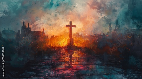 Colorful watercolor painting featuring a Christian cross, set against the backdrop of a starry night sky in a tranquil countryside setting. Christian themes.