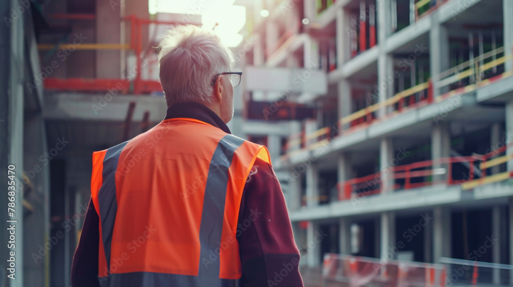 A senior safety manager in a reflective vest, conducting safety inspections and ensuring compliance with safety regulations on a construction site. A senior safety manager in a reflective vest, conducting safety inspections and ensuring compliance with safety regulations on a construction site.