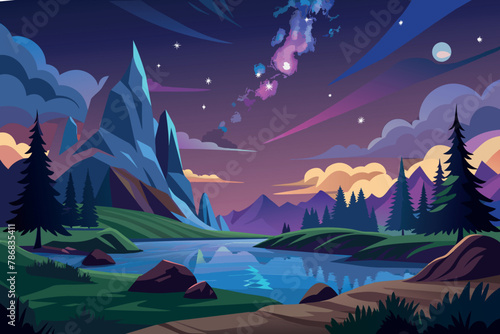 Nature Landscape with Milky Way cartoon vector Illustration flat style artwork concept