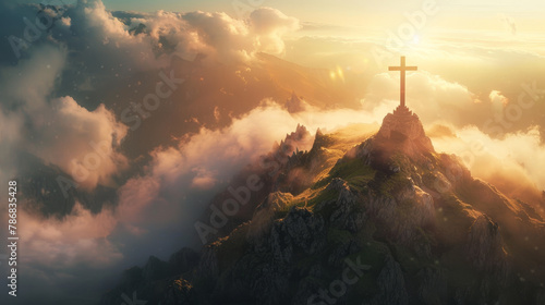 A cross is on top of a mountain in the clouds photo