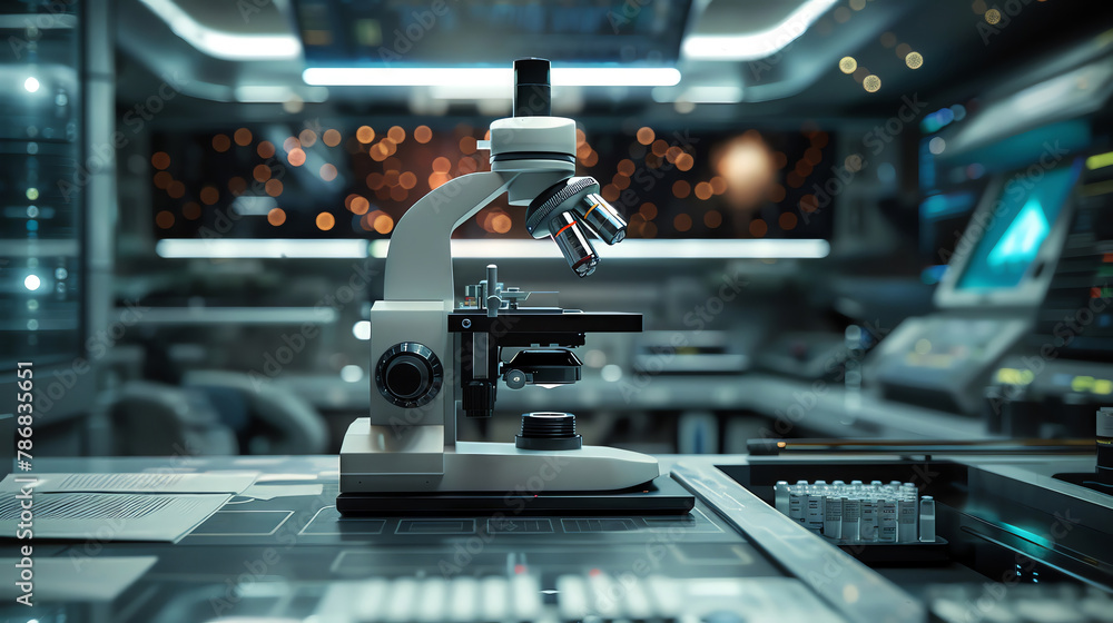 Fototapeta premium Scientific microscope in a futuristic lab, clear space for text,