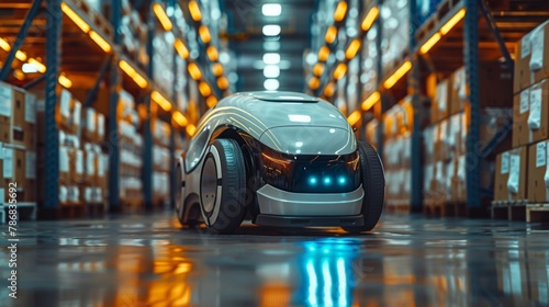 Step into the future with a glimpse of a warehouse where a sleek and advanced robot effortlessly navigates the aisles, its humanoid form exuding efficiency and precision as it assists in logistics