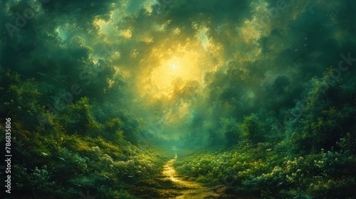 Follow the ethereal path to heaven as rays of divine light cascade through a canopy of verdant trees, illuminating the tranquil pathway with an otherworldly glow, inviting contemplation © Алексей Василюк