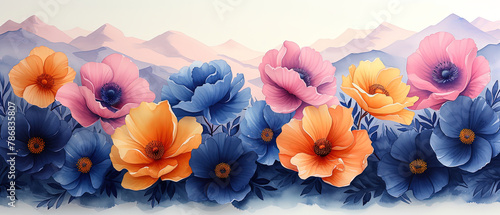 brightly colored flowers are in a field with mountains in the background