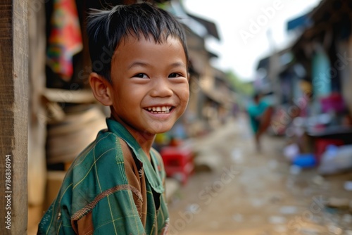 Portrait of a cute Asian boy smiling in the street, Thailand.