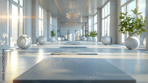 Yoga mats and equipment in modern white gym, clear bg, photo