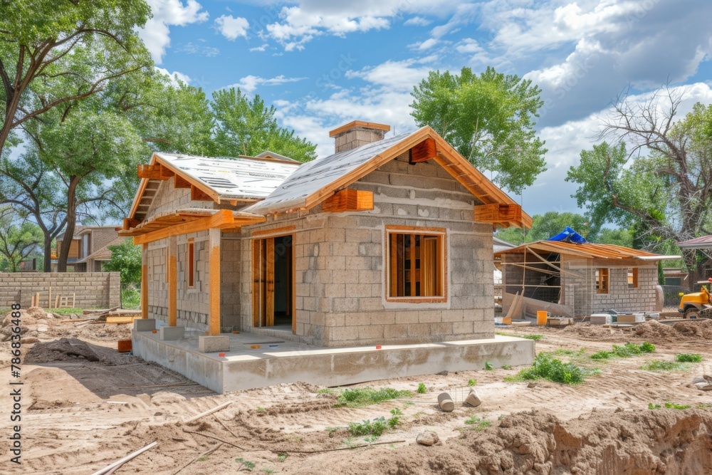 Construction of an eco-friendly 3D-printed house amid a tree-lined site. Construction of an eco-friendly 3D-printed house amid a tree-lined site.
