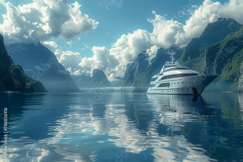Superyacht in Majestic Mountain Fjord Landscape © Thitiporn