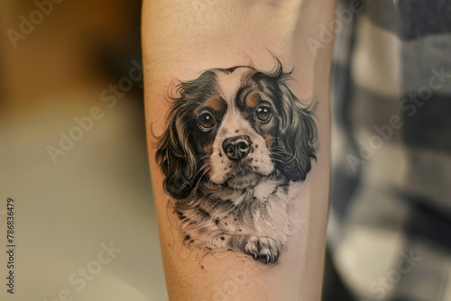 A tattoo of a dog on a person's arm © mila103