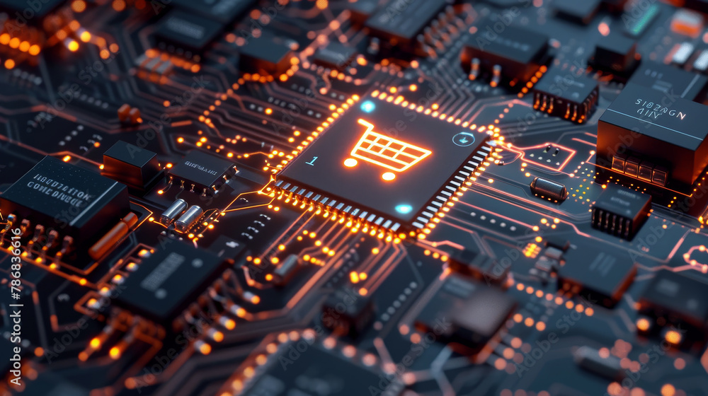 A computer chip with a shopping cart on it A computer chip with a shopping cart on it