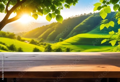 Empty wooden table with green nature background
