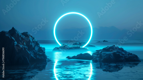 Mystical azure neon ring on a reflective ocean surface between dark cliffs, concept of surreal tranquility and cosmic gateways