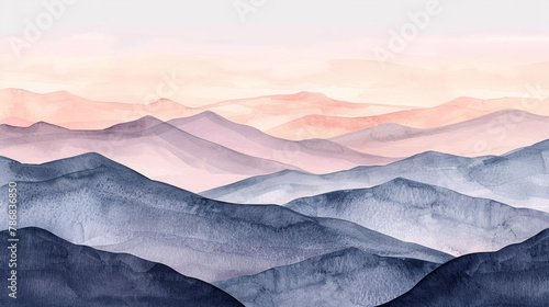 Tranquil watercolor dawn over mountain peaks in mauve and peach hues. photo