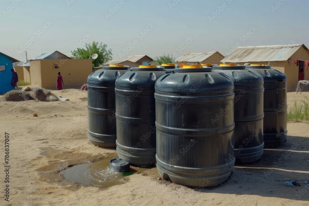 A line of large black rainwater tanks installed in a dry, arid community environment. A line of large black rainwater tanks installed in a dry, arid community environment.
