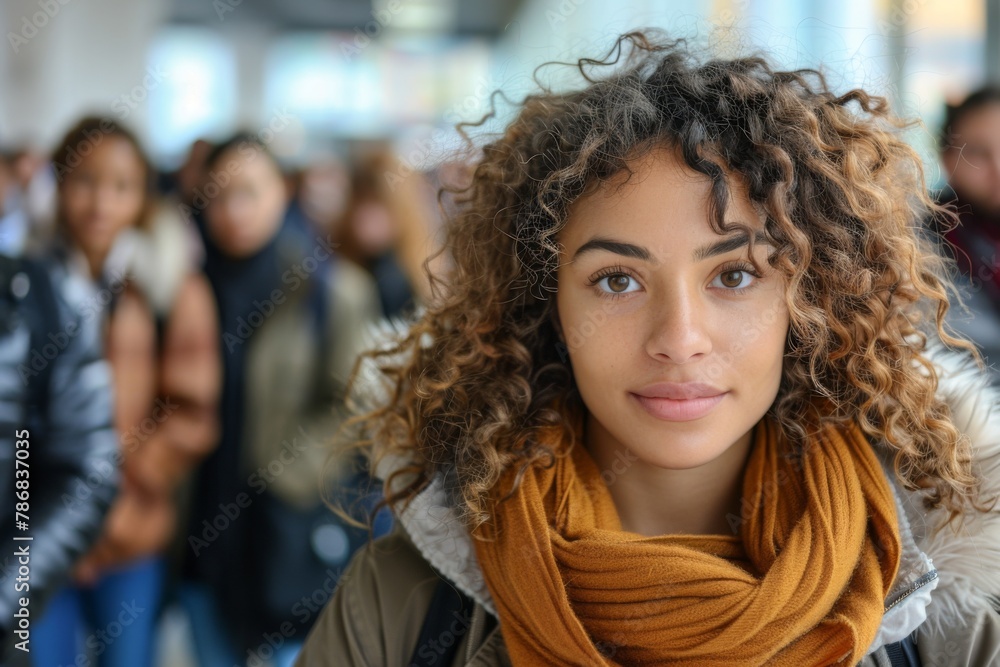 A young woman with curly hair stands poised in a bustling city street, with people blurred in motion around her. A young woman with curly hair stands poised in a bustling city street, with people blurred in motion around her.