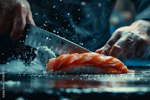 sushi chef's precise knife work as he fillets a piece of fish.