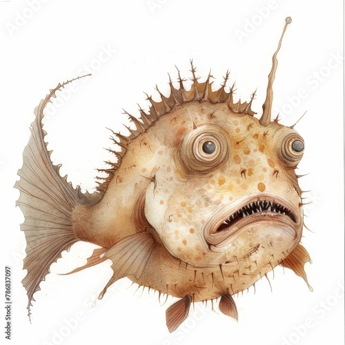 A watercolor painting of a strange fish with big eyes and a large mouth filled with sharp teeth.