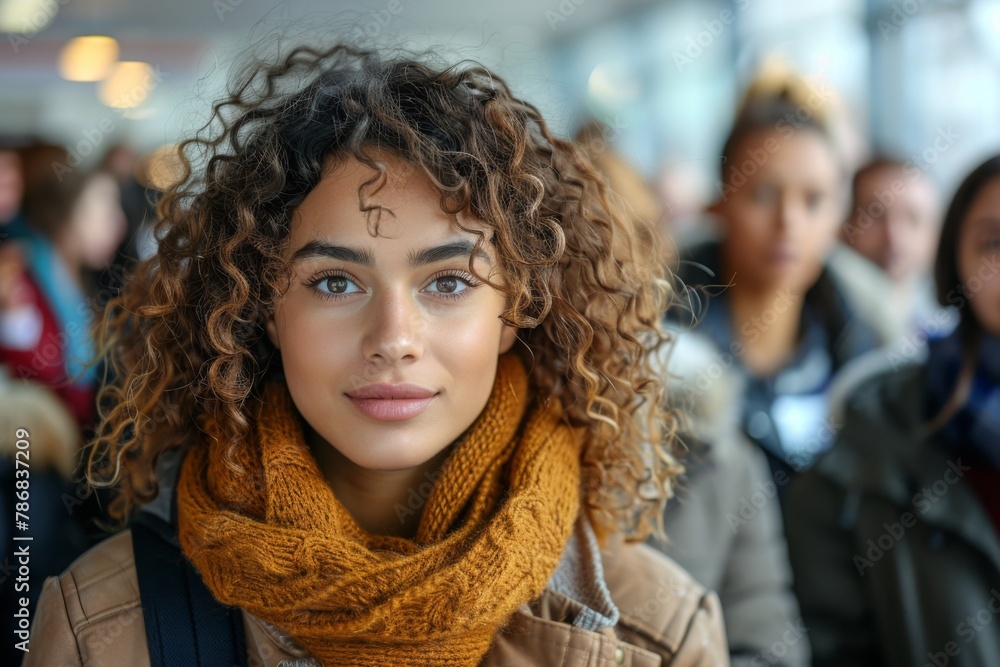 A young woman with curly hair stands poised in a bustling city street, with people blurred in motion around her. A young woman with curly hair stands poised in a bustling city street, with people blurred in motion around her.