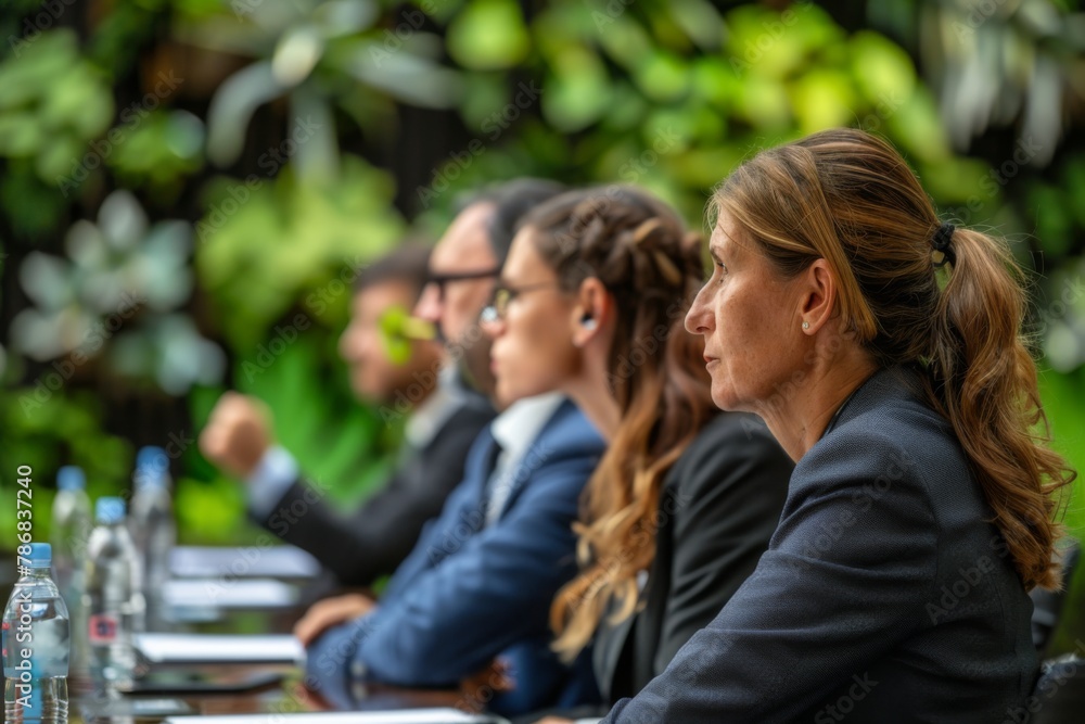 Professionals attentively participating in an outdoor business conference, surrounded by lush greenery. Professionals attentively participating in an outdoor business conference, surrounded by lush greenery.