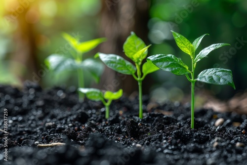 Seedlings sprouting in fertile soil, symbolizing growth and sustainable agriculture.