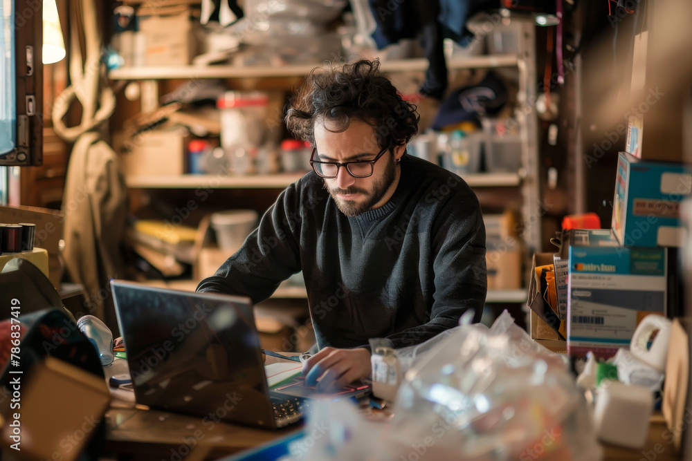 A man is sitting at a desk with a laptop open A man is sitting at a desk with a laptop open