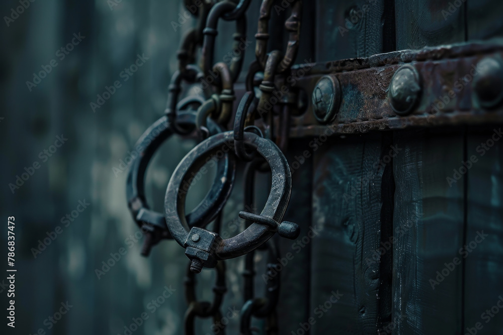 Two chains with metal rings hanging from a door Two chains with metal rings hanging from a door