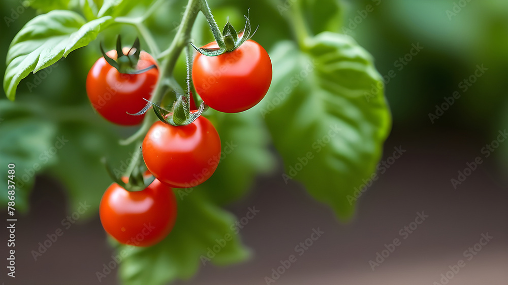 Ripe tomato plant growing in greenhouse. Tasty red heirloom tomatoes. Blurry background and copy space. High quality photo
