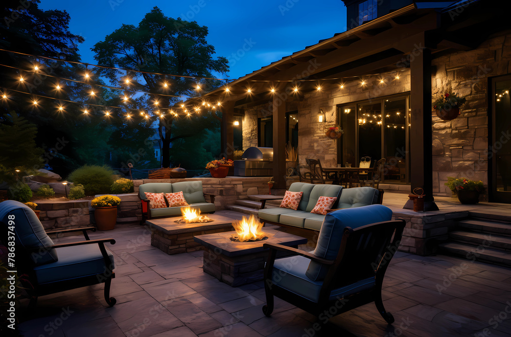 A cozy outdoor patio with string lights, comfortable seating arrangements, and an evening fire pit