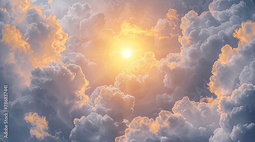 Beaming lemon sun and soft periwinkle clouds on gray create an uplifting atmosphere. photo