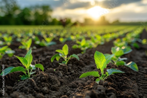 Young plants growing in soil rows at sunrise, symbolizing new beginnings in agriculture.