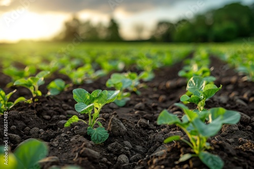 Young plants growing in soil rows at sunrise, symbolizing new beginnings in agriculture.