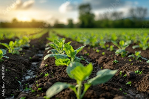 Young plants growing in soil rows at sunrise  symbolizing new beginnings in agriculture.
