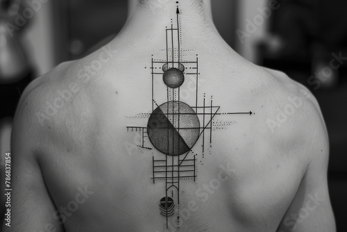 A man's back has a tattoo of a circle with a square inside of it photo